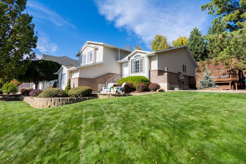 After: a neat green lawn running up to a house, borders edged and planted